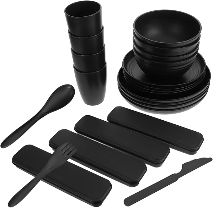 4sets Camping Cookware Cutlery Bowl Plate Cup Black Utensils Case for Outdoor Rv