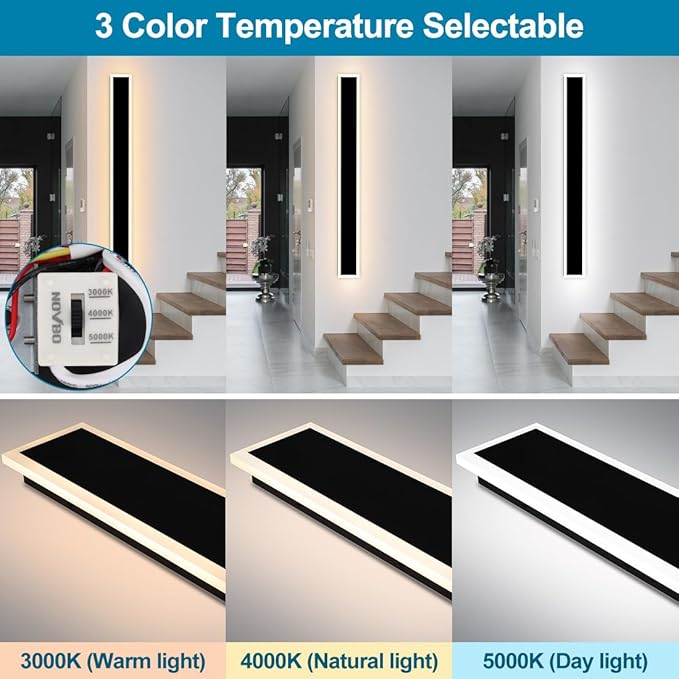 2-Pack 48inch Modern Outdoor LED Long Wall Light Fixture Exterior Wall Sconce Long Strip Wall Lamps IP65 Waterproof 36W 3200LM Black 3000K/4000K/5000K Adjustable Dimmable ETL