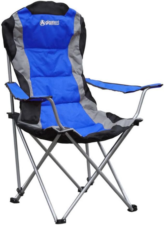 GigaTent Blue Folding Camping Chair – Ultra Lightweight Collapsible Quad Padded Lawn Seat with Full Back Arm Rests Cup Holder and Shoulder Strap Carrying Bag – Powder Coated Steel Frame