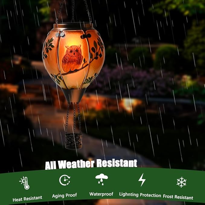 Hot Air Balloon Solar Lantern - Owl Stained Glass Lantern Simulated Flickering &amp Dancing Flame Outdoor Hanging Yard Light Waterproof IP65 for Patio Lawn Porch Decor Gift