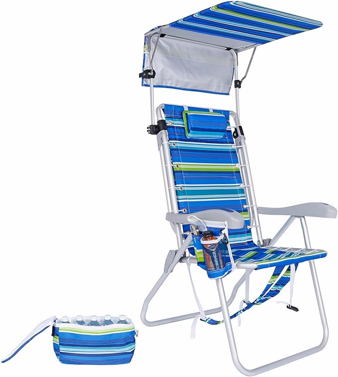 Ultimate Heavy Duty High Seat Aluminum Folding Backpack Beach Chair for Adults | Lay Flat 5 Reclining Positions | Removable Insulated Cooler Pouch &amp Canopy for UV Protection