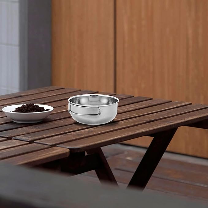 Outdoor Camping Bowls Set Stainless Steel Foldable Handle 650ml Large + 500ml Small Portable Hiking Cookware for Picnic Backpacking Outdoor Tableware