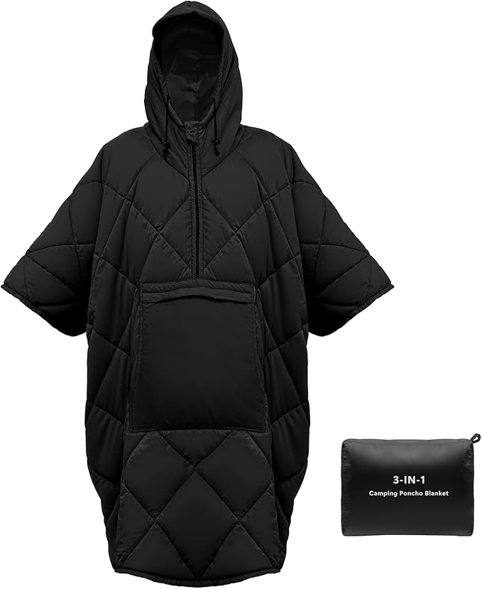 Camping Outdoor Blanket Ultralight Down Alternative Printed Travel Camp Blankets for Sleeping Packable Waterproof Puffy Quilt for Hammock Picnic Stadium Beach Cold Weather (Black Blanket Poncho)