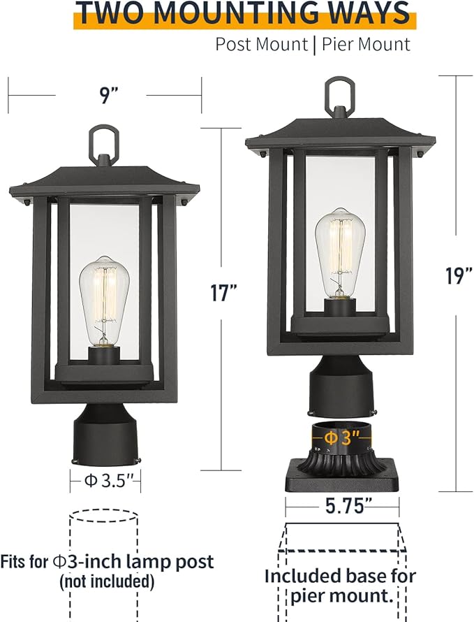 Beionxii Outdoor Post Light Large Exterior Lamp Post Light Pier Mount Lantern with Base Black Cast Aluminum w/Clear Glass (19 x 9) - A197P-1PK