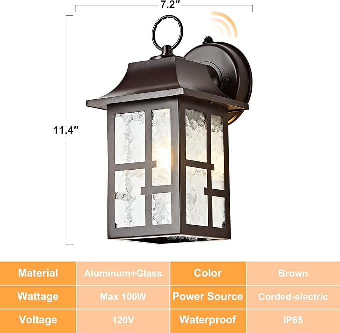 OKELI 2-Pack Dusk to Dawn Exterior Lighting Fixture Farmhouse Outdoor Wall Lights with Ripple Glass Aluminum Porch Light Wall Mount Anti-Rust Outside Wall Sconce for House Garage(Brown)