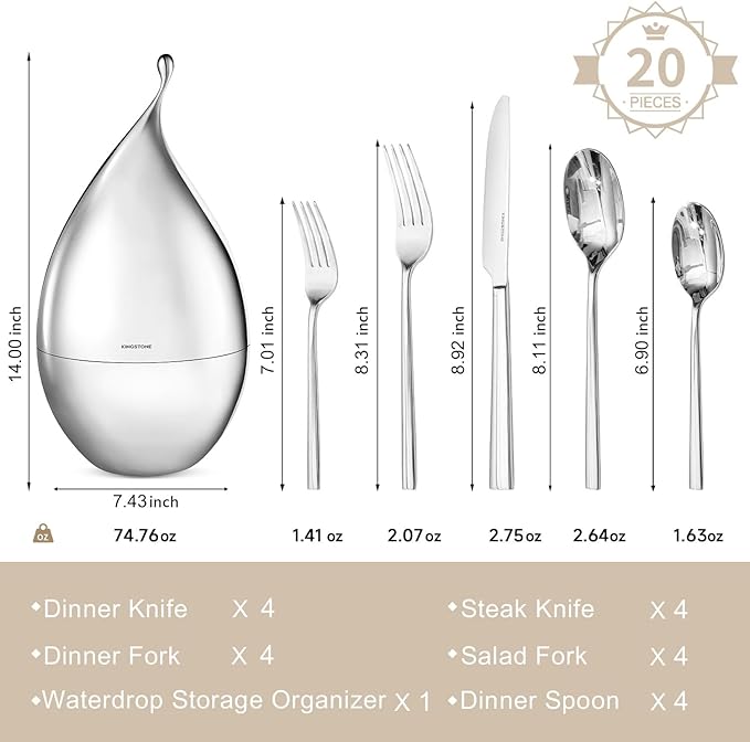 KINGSTONE Silverware Set with Waterdrop Storage Organizer 20-Piece Forged Flatware Cutlery Set in Gift Box Premium Stainless Stee Service for 4 Mirror Polished Ideal for Kitchen Wedding Gift