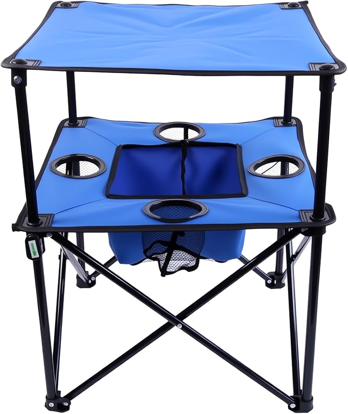 Portable Folding Camping Table with Cup Holders – Lightweight &amp Compact 2-Tier Outdoor Table with Storage Ideal for Card Games Snacks Picnic Tailgating &amp Camping (Blue + Black)