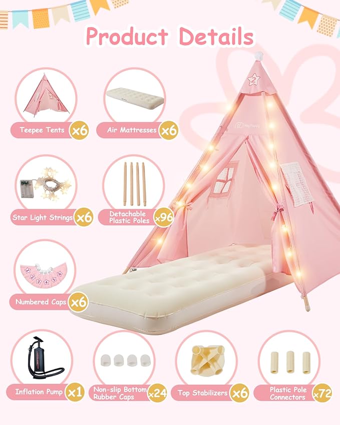 6 Pack Teepee Tent for Kids with Inflatable Airbed Light Toddler Tent Children Room Tents Slumber Party Sleepover Tents Indoor Outdoor Kids Playtent Playhouse for Girls &amp Boys