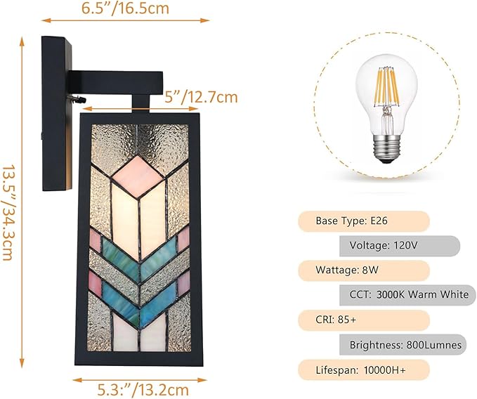 WL0012 Tiffany Style Outdoor Light Fixutres Stained Glass Wall Sconce Exterior Waterproof Wall Lantern Light for Balcony Aisle Hallway W 7X D 6.5 x H 13.5 Inches Bulb Included (Prismara)