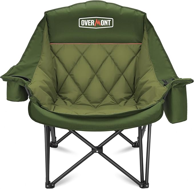 Overmont Oversized XL Camping Chair for Adults - 400lbs Support Heavy-Duty Padded Folding Chair with Side Pocket Cup Holder Cooling Bag for Outdoor Sports Garden Beach Fishing Lawn Green