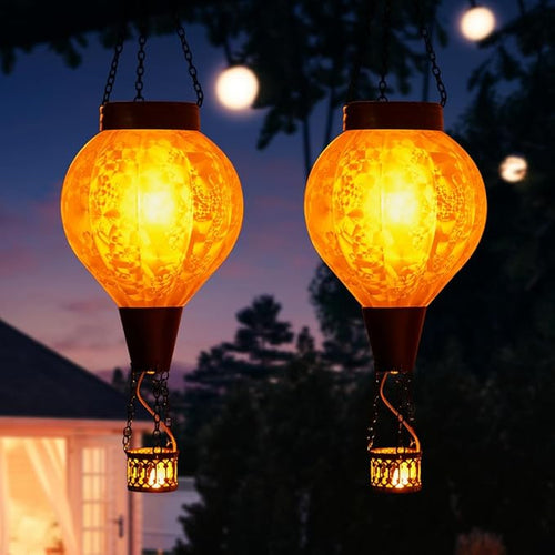 2 Pack Hanging Solar Air Balloon Lantern Outdoor Waterproof Hot Air Balloon Solar Lantern Flickering Flame Outside Decor for Garden Yard Patio Solars Lights Gifts for Mom Grandma（yellow）