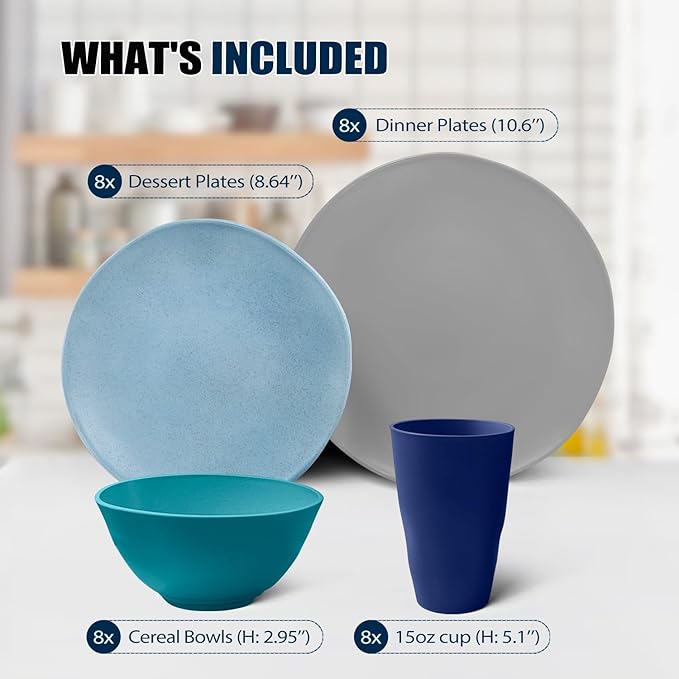 Teivio 32-Piece Kitchen Wheat Straw Dinnerware Sets for 8 Dinner Plates Dessert Plate Cereal BowlsCups Unbreakable Plastic Colorful Apartment Outdoor RV Camping Dishes Irregular Teal Ombre