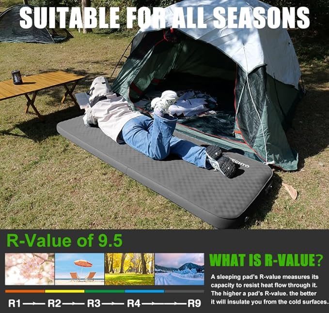 Self Inflating Sleeping Pad for Camping 4 Extra-Thick Memory Foam Camping Mattress with Electric Pump Fast Inflate &amp Deflate 9.5 R-Value Insulated Camping Pad for Car Travel Tent Cot Grey