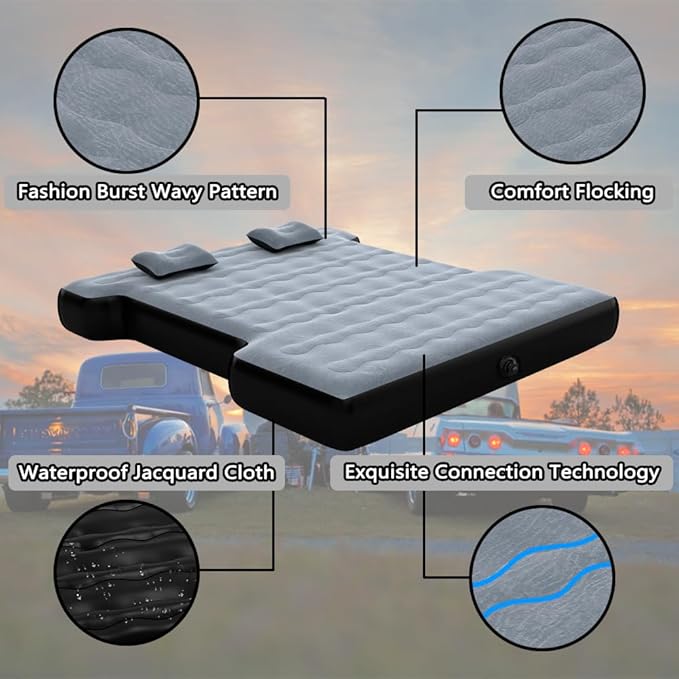 KINMAC Inflatable Full-Size Short Truck Bed Air Mattress 16.4FT Car Air Pump Cord Carry Bag for Outdoor Truck Camping Grey