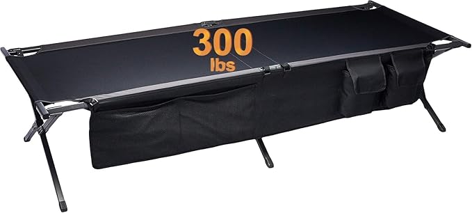 Portal Folding Portable Camping Cot Guest Bed with Carry Bag and Side Storage Organizer Camping Cots for Adults Sleeping Away Tent Sleeping Cot Bed Supports 300 LBS Black