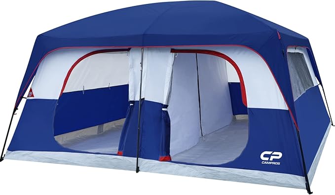 CAMPROS CP 12 Person Cabin Tent 2 Room Extra Large Straight Wall Camping Tents Waterproof Windproof with Top Rainfly 6 Large Mesh Windows Double Layer Easy Set Up Family Tent