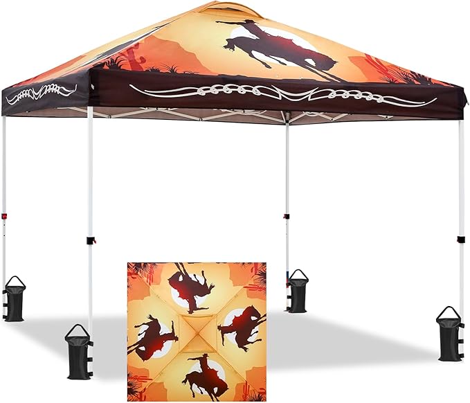 EAGLE PEAK Pop Up Canopy Tent with Wheeled Carry Bag 8 Stakes 4 Ropes 4 Weight Bags Easy Set Up Tent Canopy 10x10 ft 100sqft of Shade Cowboy