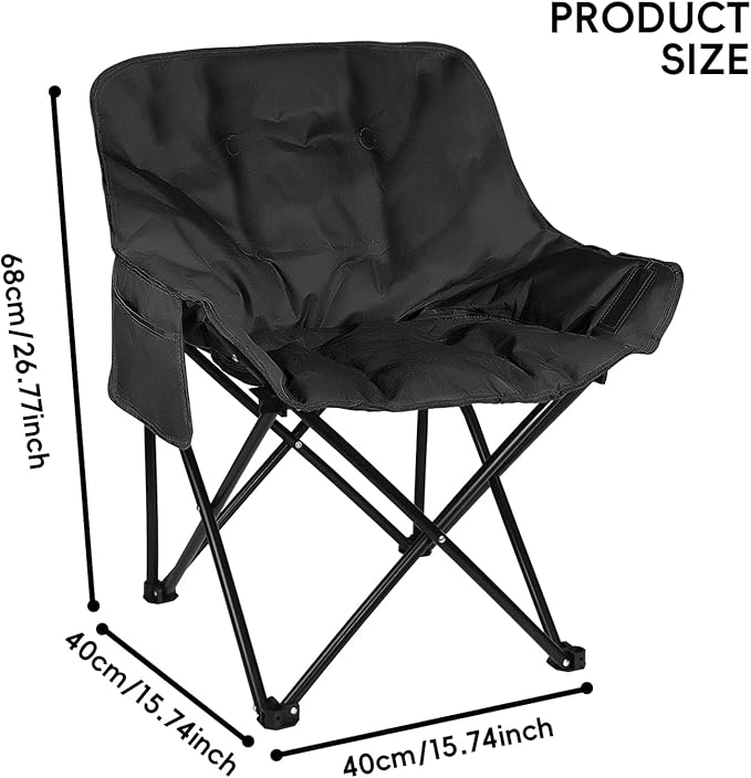 Outdoor 3-Layer Padding High Back Moon Chair with Thick Cotton 600D Oxford Fabric Portable Folding Camping Chair with Side Pocket Supports up to 300lbs (Black)