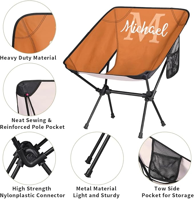 Custom Orange Portable Camping Chair Personalized Backpacking Chair with Name Lightweight Foldable Chairs for Hiking Beach