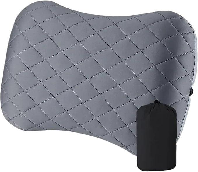 Ultralight Inflatable Camping Travel Pillow with Soft Washable Cover - Ergonomic Inflating Pillows for Neck &amp Lumbar Support(Light Grey)