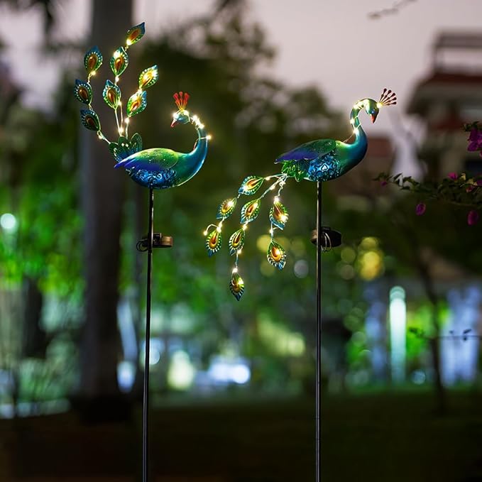 DREAMSOUL Peacock Solar Lights Outdoor 2 Pack Waterproof Outdoor Solar Lights for Yard Pathway Peacock Garden Decor
