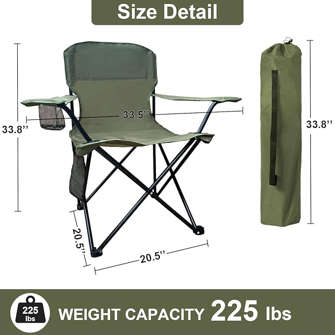Folding Camping Collapsible Chairs Heavy Duty Lawn Chair with Cooler Bag Storage Pocket Waterproof Bag Outdoor Arm Chair Supports 225LBS Green