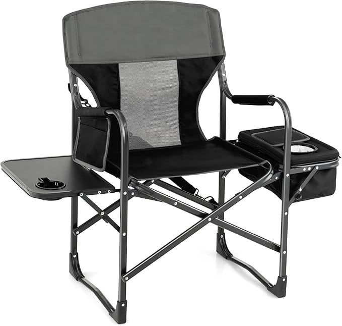 Tangkula Camping Chairs Folding Camp Chair with Side Table Cooler Bag Portable Outside Padded Lawn Chair for Travel Picnic Fishing Heavy Duty Oversized Director Chair for Adults Supports 400lbs