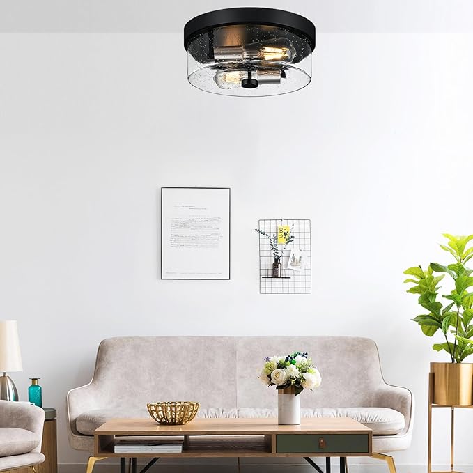 Flush Mount Ceiling Light Fixtures 2-Light Black and Silver Ceiling Mount for Farmhouse with Seeded Glass Lampshade Industrial Flush Mount Light Fixture for Hallway Kitchen Entryway and Foyer