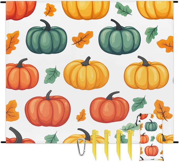 Waterproof Sandproof Beach Blanket 59''×68'' Watercolor Pumpkin Polyester Outdoor Picnic Blanket with 4 Stakes &amp Storage Bag for BeachCampingVacation White