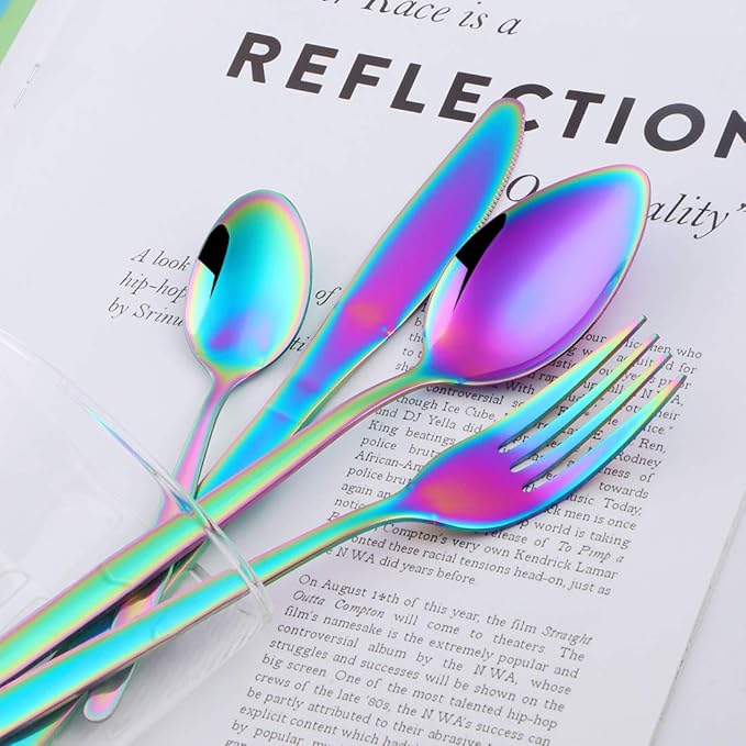 BuyGo Rainbow Silverware Flatware Set 16-Piece Light Weight Stainless Steel Eating Utensil Service for 4 Include Knife Fork Spoon Dishwasher Safe