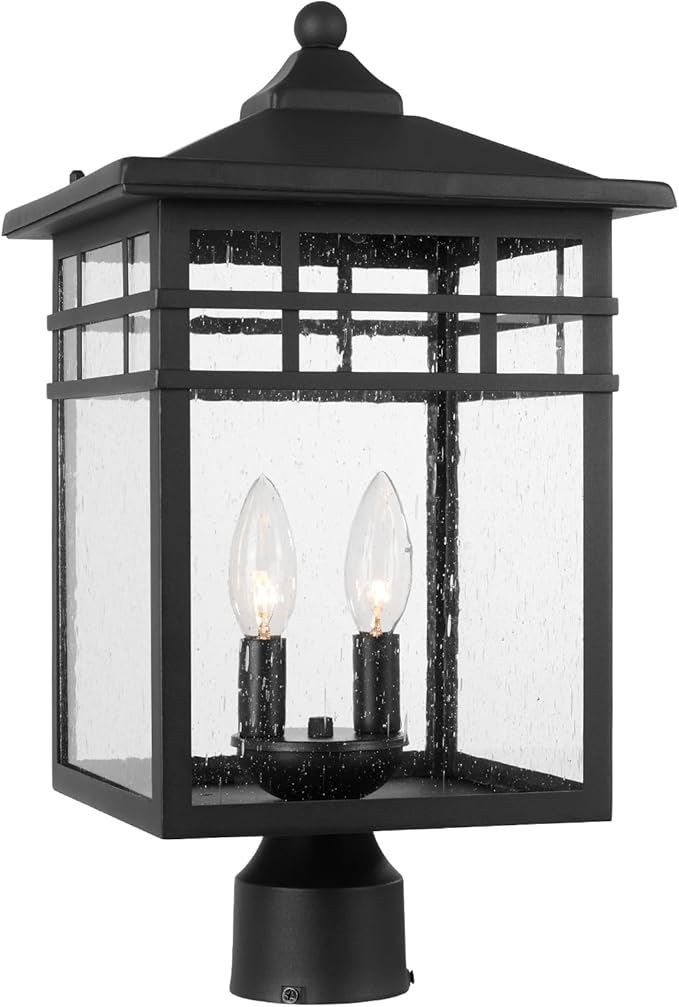 Outdoor Post Light Fixture 2-Light Large Exterior Pillar Lantern with Black Finish &amp Seeded Glass 10 Inch Square Pier Mount Lamp for Garden Backyard Courtyard Patio Deck Pathway Walkway