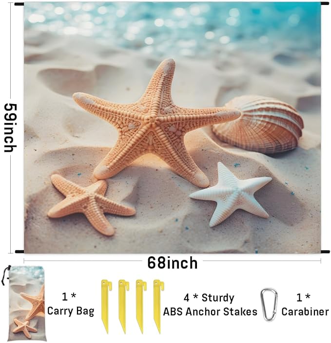 Waterproof Sandproof Beach Blanket 59''×68'' Starfish Polyester Outdoor Picnic Blanket with 4 Stakes &amp Storage Bag for BeachCampingVacation Shells