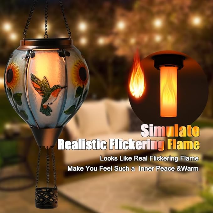 Hot Air Balloon Solar Lantern - Large Hummingbird Glass Lantern Simulated Flickering &amp Dancing Flame Outdoor Hanging Sunflower Yard Light Waterproof IP65 for Patio Lawn Porch Decor Gift