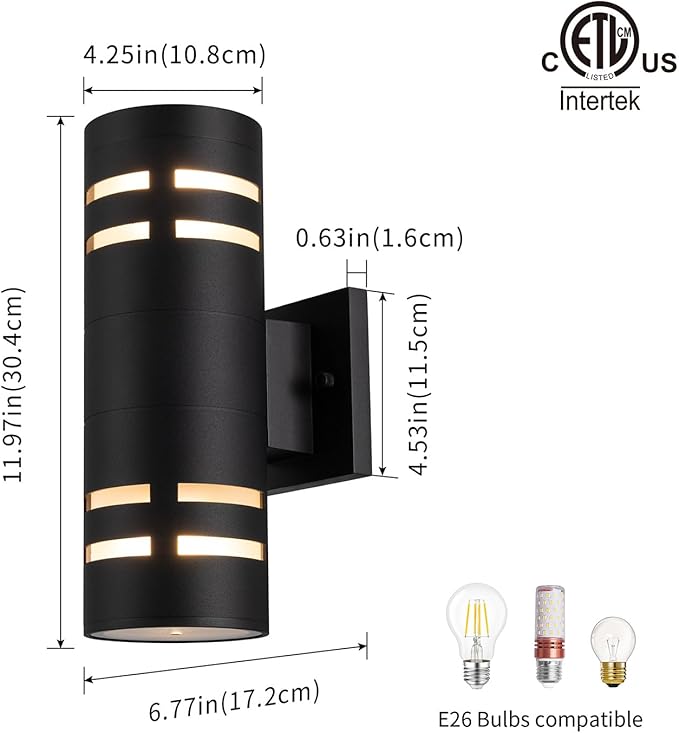 mirrea 12in Modern Outdoor Porch Light Patio Light in 2 Lights with Aluminum Cylinder and Tempered Glass Cover Waterproof Wall Sconce Matte Black 2 Pack