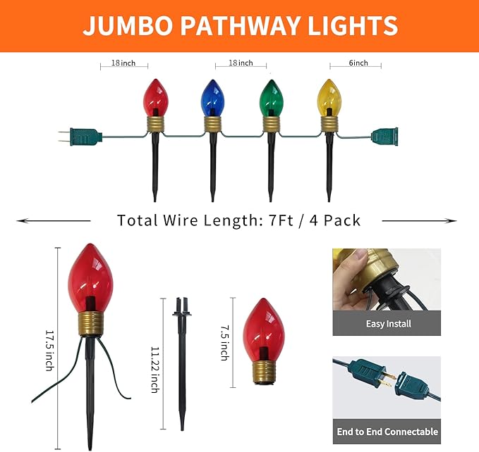 Jumbo Christmas Pathway Lights Outdoor 7FT 4Pcs Multicolor LED Connectable Plug in Walkway Lights for Driveway Yard Fence Decor Green Wire Waterproof &amp UL Listed