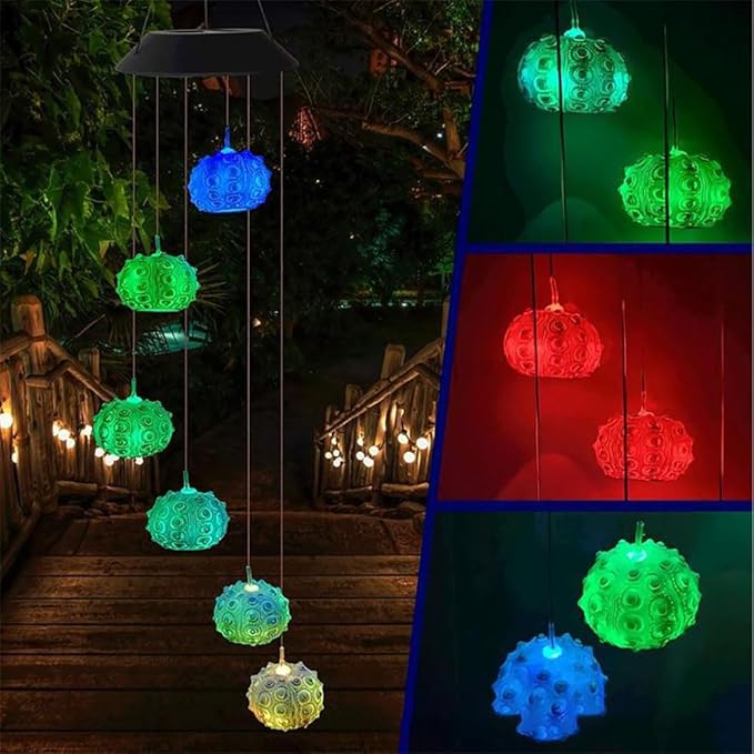 Solar Sea Urchin Wind Chime Light 6 LEDs Colorful Color Changing Outdoor Decorative Solar Hanging Light Painted Marine LED Lights for Garden Walkway Patio Yard 1 Pack