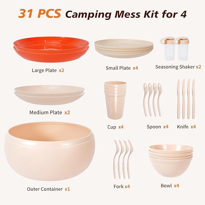 Camping Dishes Picnic Set Camping Plates Cups and Bowls Set 31 PCS Plastic Dish Set for 4 Portable Dinnerware Set for BBQ RV Travel Dorm Camping Mess Kit Picnic Essentials Not Microwave Safe
