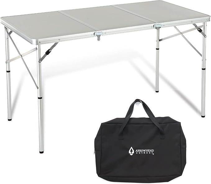 ARROWHEAD OUTDOOR 4’ ft Heavy-Duty Portable Aluminum Frame Folding Table w/Leveling Feet Solid Tabletop Surface 2 Adjustable Heights Carrying Case Included Lightweight USA-Based Support