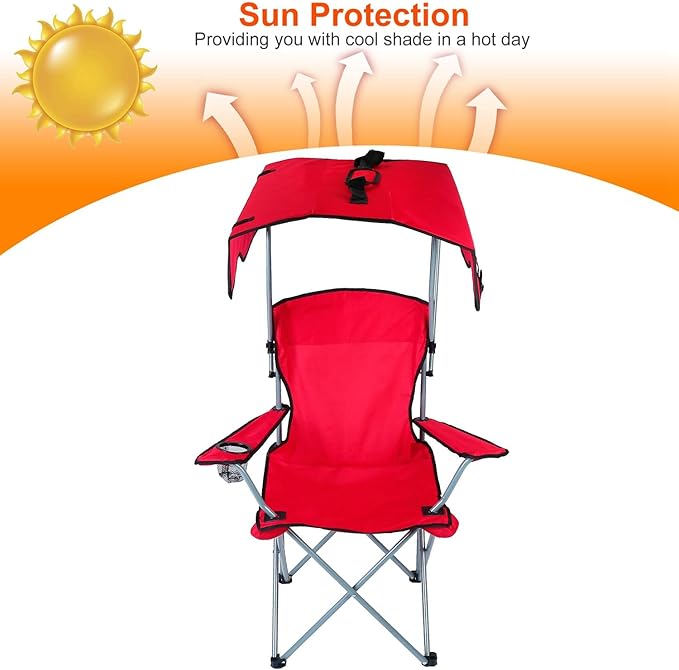 Foldable Beach Canopy Chair Camping Chair Fishing Camp Outdoor Lawn Chair Sun Protection 330LBS Load Folding Camping Canopy Shade Seat with Cup Holder for Beach Poolside Travel Picnic (Red)