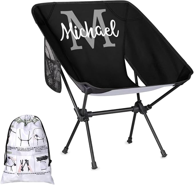 Custom Black Portable Camping Chair Personalized Backpacking Chair with Name Lightweight Foldable Chairs for Hiking Beach