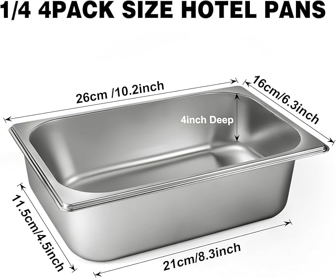 West Bay 4 Pack 1/4 Size Hotel Pan with Lids 4'' Deep Steam Table Pan with Lid 10.2''L x 6.3''W Stainless Steel Pans for Home Party Hotel Buffet