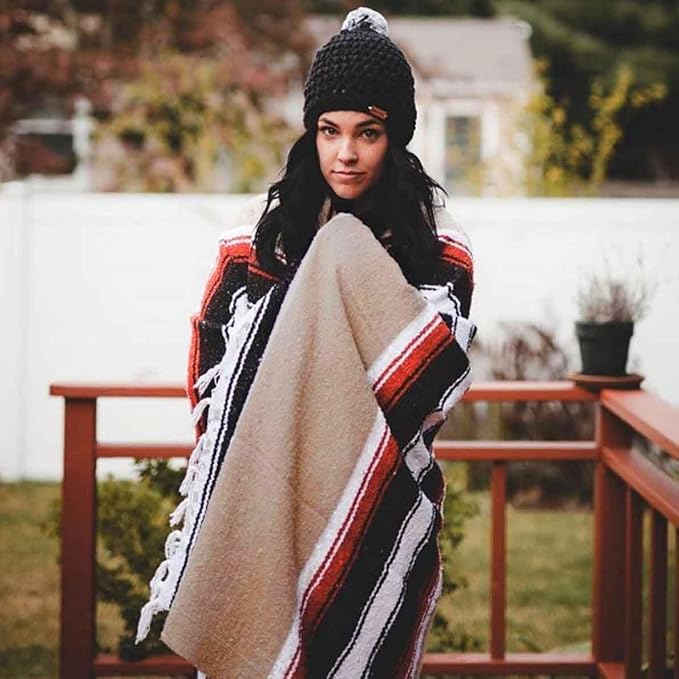 Open Road Goods Tan/Khaki Mexican Yoga Blanket - Thick Diamond Serape with Orange and Brown Stripes