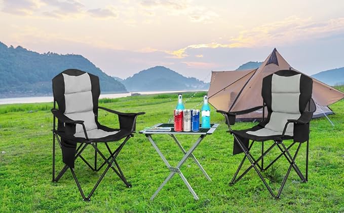 VINGLI Outdoor Camping Chair with Cooler Cup Holder Side Pocket Portable Padded Camping Lawn Chairs for Adults Folding Chair with Carry Bag Heavy Duty Support 400lbs