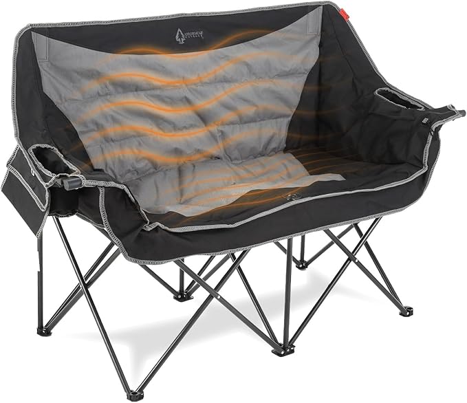 ARROWHEAD OUTDOOR 57 Wide Duo Foldable Heated Camping Loveseat Chair with 3-Stage Heating Large Cup Holders Glass Holders Side Pockets and Storage Pouches