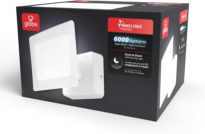 GLOBE Electric 50W White Super Bright 6000 Lumens Hardwired Automatic Dusk to Dawn Outdoor Integrated LED Flood Light Security Light Spotlight Outside House Lights