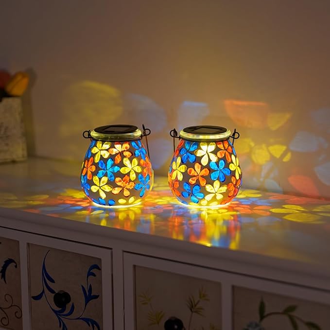 Stargarden 2Pack Mosaic Solar Lanterns Glass Hanging Lantern Waterproof Outdoor Haning Lights Flower Decorative Table Lamp for Garden PatioYard Decor
