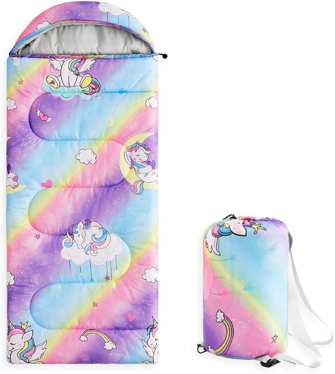 Wake In Cloud - Kids Sleeping Bag for Girls Toddlers Camping in Warm Cold Weather Backpacking Lightweight Compact Outdoor Liner for 3 Seasons Unicorns Rainbow Hearts