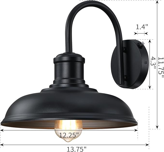 12'' Diameter Large Dusk to Dawn Outdoor Gooseneck Barn Light 2-Pack Outdoor Wall Sconce Farmhouse Exterior Light Wall Lighting Fixture Industrial Black Wall Lantern for Porch Garage Black