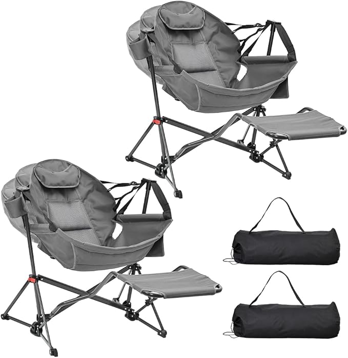 Ainfox Hammock Camping Chair with Footrest Heavy Duty Foldable Portable Rocking Hammock Chairs Outside Swinging Camp with Cup Holder Pillow for Outdoor Patio Poolside Grey 2 Pack