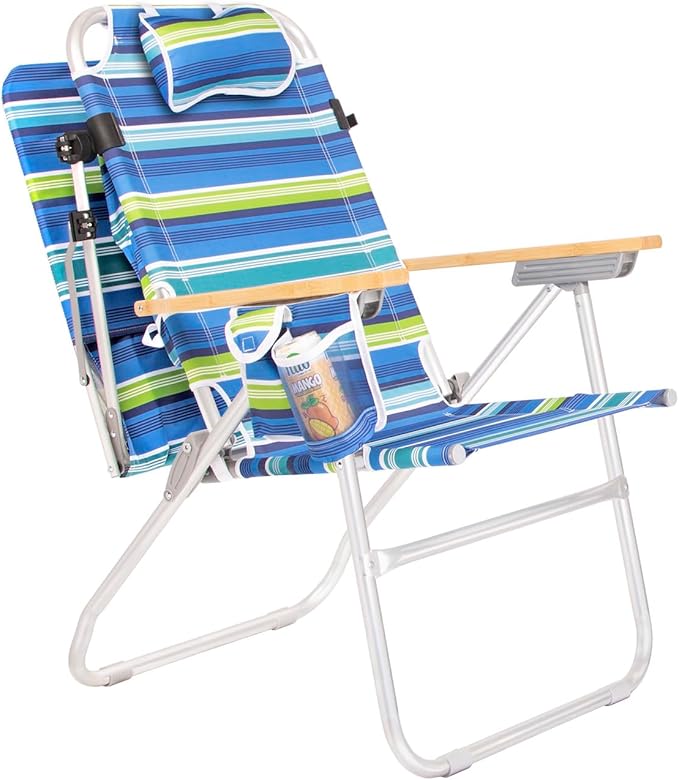 Heavy Duty Tall Beach Chair with Canopy Shade for Adults 17 High Off Ground 4-Position Reclining Insulated Cooler &amp Storage Pouch Bamboo-Finish Arms 300 lb Capacity